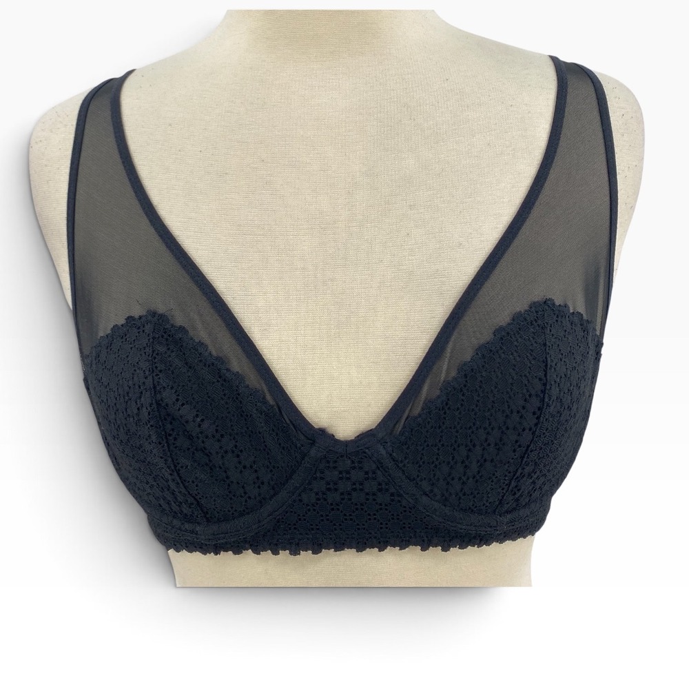Aerie Lace Unlined Underwire Bra 36C Black Mesh Adjustable Straps